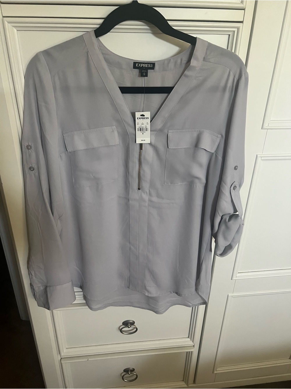 Express Pale Gray V-Neck Zip Front Blouse
